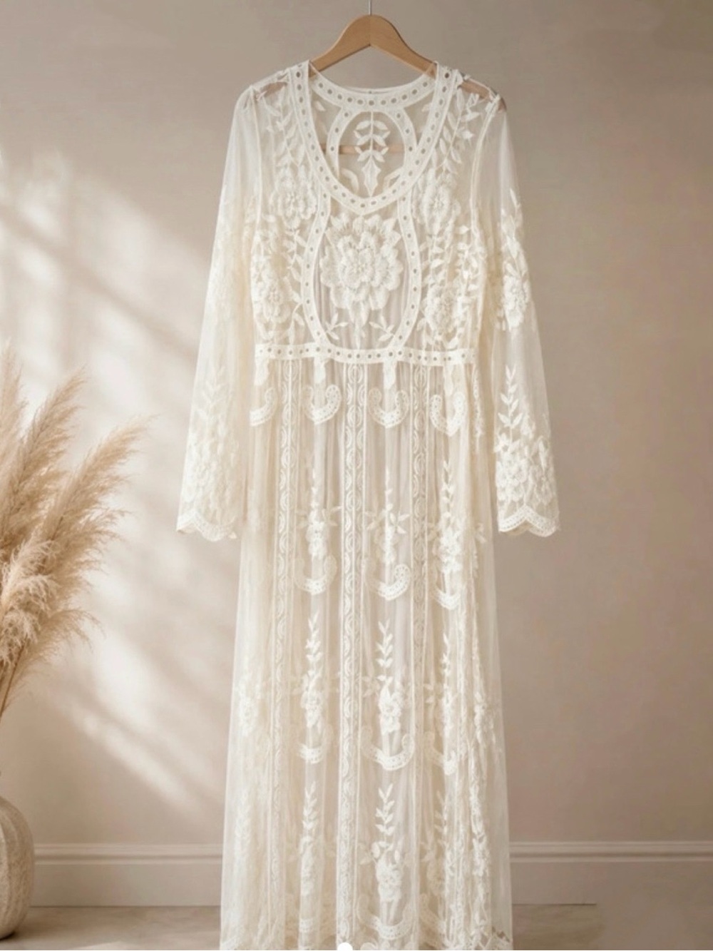 Lace dress with floral embroidery Cottagecore XL Bohemian Silhouette Wedding - Picture 3 of 10